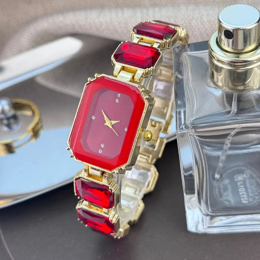 Women'S Large Section Rhinestone Chain Rectangular Color Case Rhinestone Dial Fashion European and American Style Ladies Watch